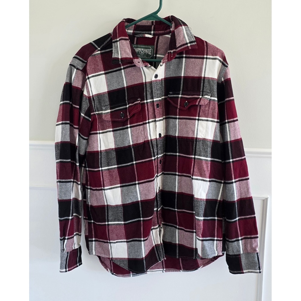 American‎ Eagle Plaid Flannel Shirt Long Sleeve Button Up Burgundy Men M